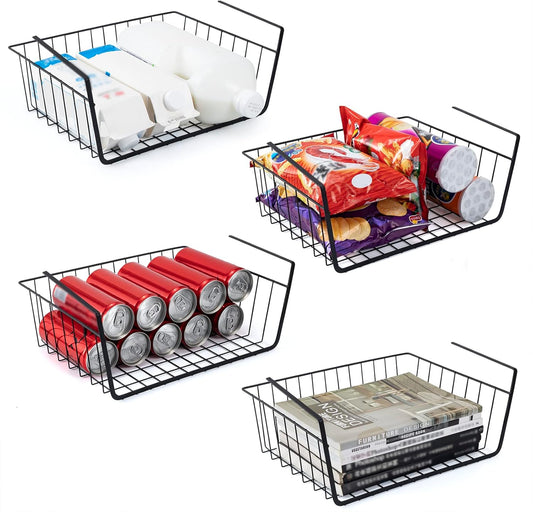 Undershelf Storage Basket Under Shelf Wire Basket Household Metal Under Shelf Hanging Storage Bin Basket Slides Under Shelves for Storage Space Saving for Kitchen Pantry Bookshelf 4 PCS