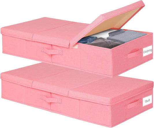 Under Bed Storage, Large Underbed Storage Containers with Lids, Foldable Clothes Storage Bins W/ Reinforced Handle for Bedroom Organization, Closet Organizers for Blanket, Shoe, Pillow -2 Pack, Pink