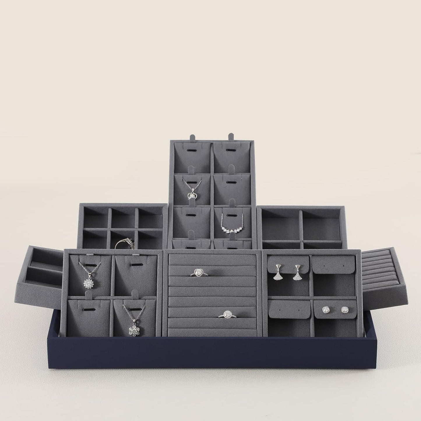 Dark Blue Jewelry Display Tray Ring Necklace Earring Bangle Organizer Multifunctional Storage Case for Jewelry Showcase (Long 8 Grids Pendant Tray)