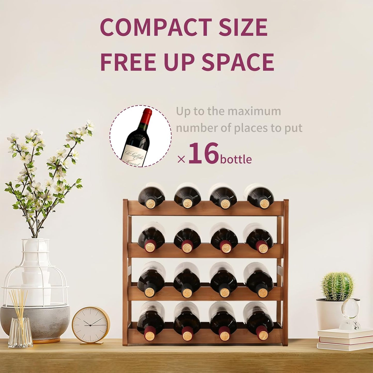 Wine Rack Storage,Bamboo Wine Racks Cabinet Shelf,4-Tier 16 Bottles Freestanding Wine Bottle Holder for Basement,Kitchen,Countertop