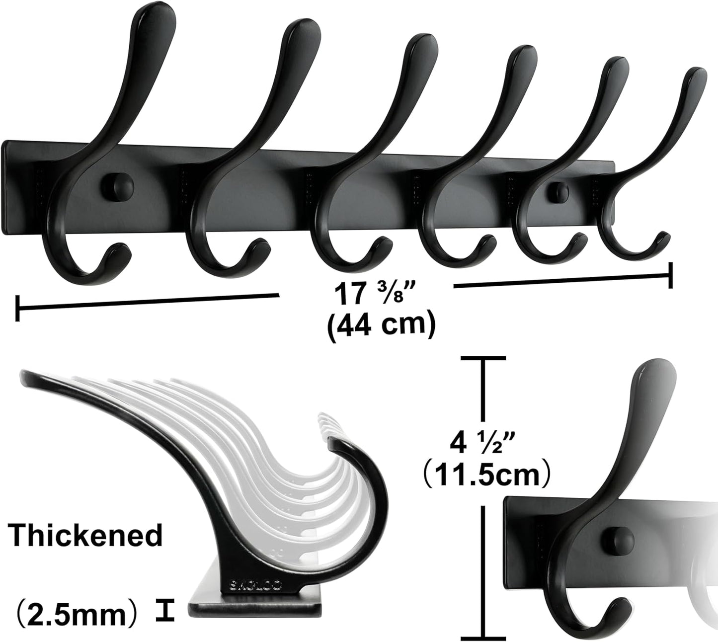 SKOLOO Heavy Duty Wall Mounted Coat Rack - 6 Hooks, Stainless Steel, Pack of 2, Sturdy Coat Hooks for Hanging Clothes, Jacket, Hat, Black