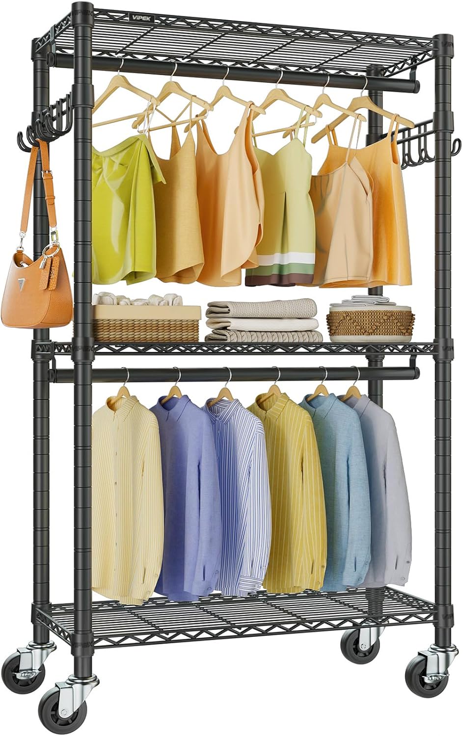 VIPEK R2 Mini Rolling Clothes Rack Heavy Duty Clothing Rack for Hanging Clothes Adjustable Portable Closet Metal Clothes Racks with Wheels Double Rods Side Hooks, Freestanding Garment Rack, Black