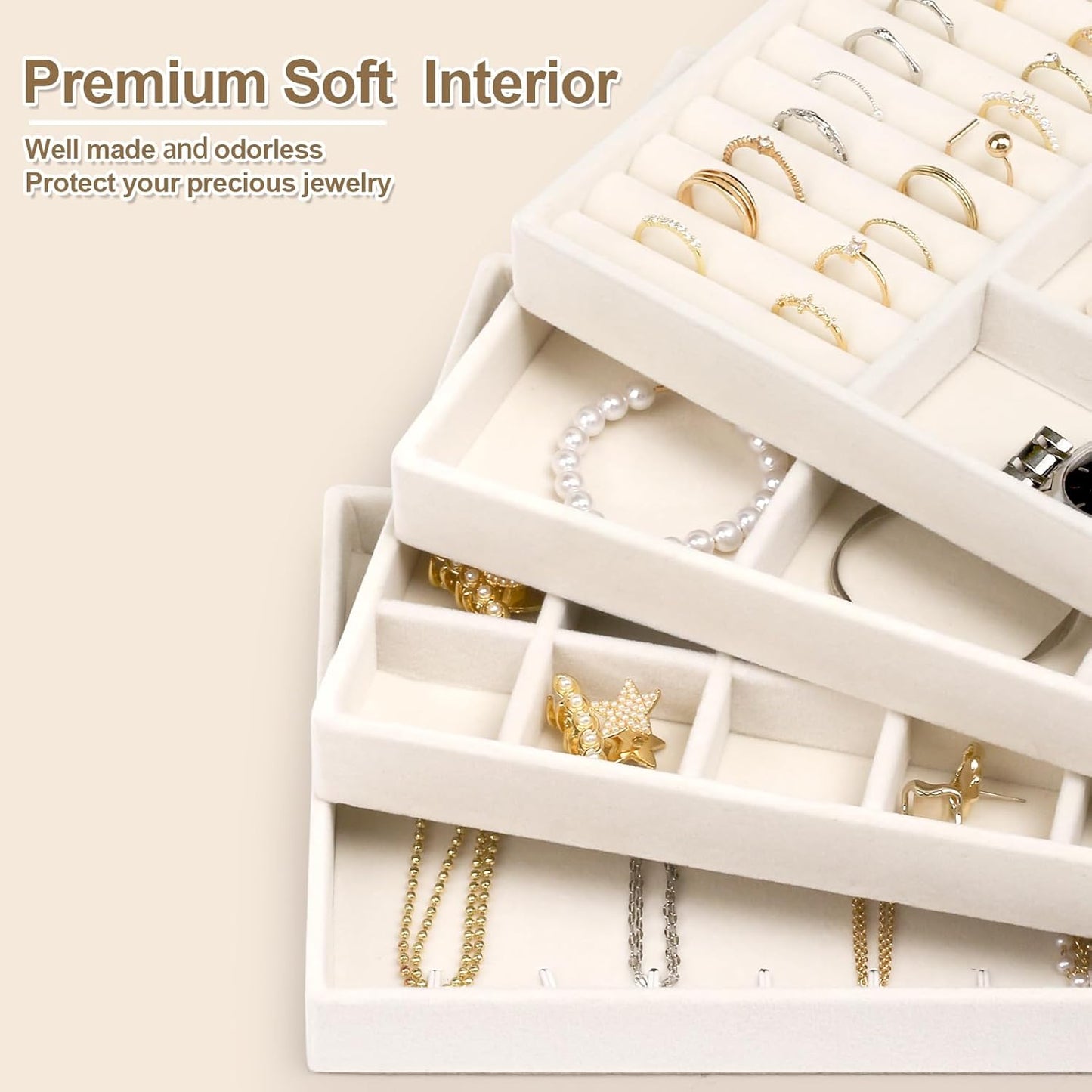 Jenseits 4 Jewelry Organizer Drawer Insert, Stackable Velvet Jewelry Tray Organizer Display Case Storage Containers, Earring Holder Necklace Watch Bracelet Accessary Ring Trays, Gift For Women (Beige)