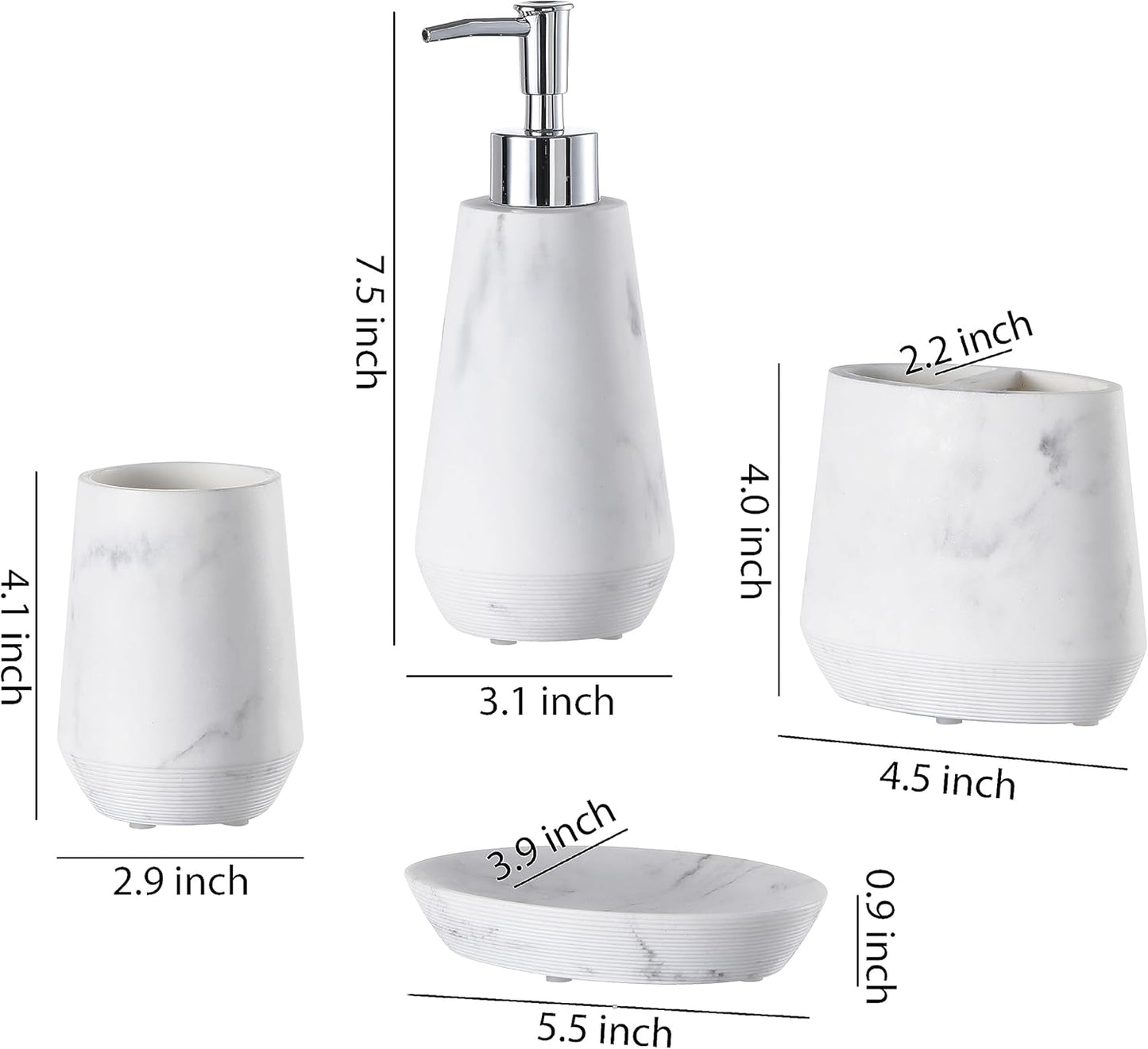 4 Piece Modern Bathroom Accessory Set with Marbled Style and Geometric Design Includes Lotion Dispenser, Toothbrush Holder, Tumbler, Soap Dish (Mordern Style Marble)