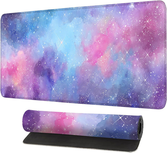 Galaxy Mouse Pad Large, Extended Gaming Desk Mat – 31.5 x 11.8 in – Watercolor Nebula Starry Sky Design, Stitched Edges, Non-Slip Base, Keyboard and Mouse Pad for Office & Home