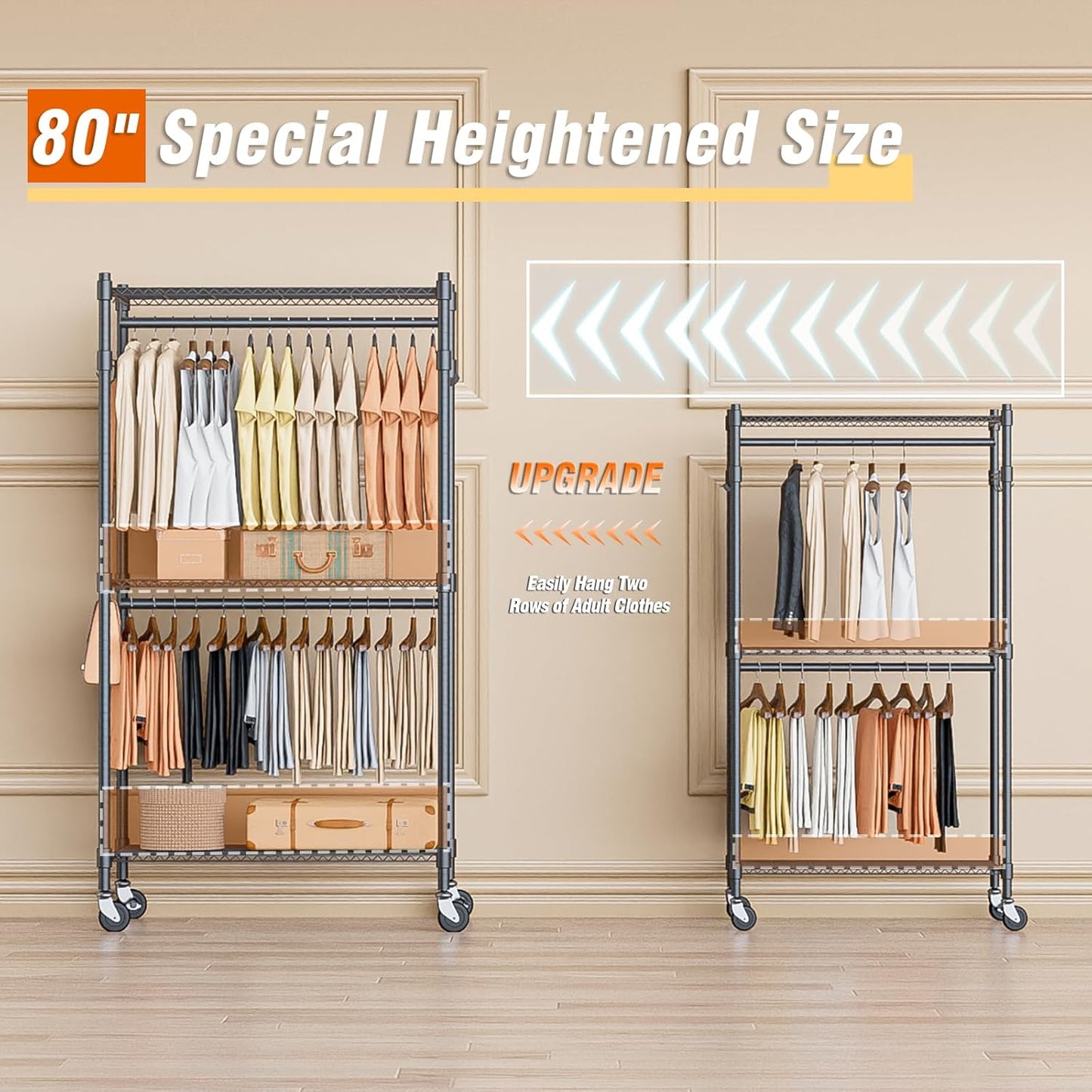 Homdox Garment Rack Heavy Duty, 3 Tier Rolling Clothing Racks for Hanging Clothes, Metal Wardrobe Closet, Free-Standing Clothes Organizer Rack with Double Rods & Side hooks, Gray