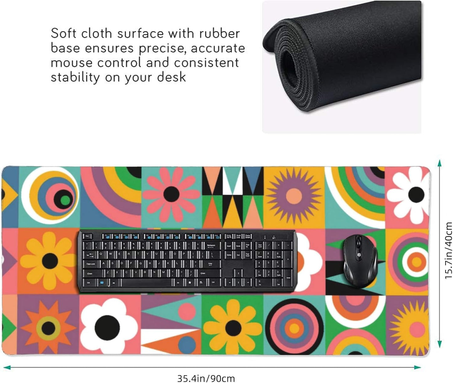 Cute Colorful Flowers Large Mouse Pad, Vintage Aesthetic Gaming Desk Mat, XXL Keyboard Desk Pad Mat for Desktop, 35.4"x15.7" Non-Slip Base Big Mousepad with Stitched Edges