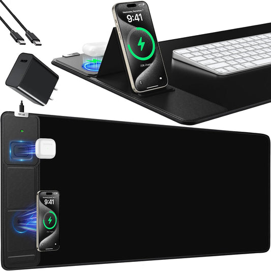 Mouse Pad, Office Desk Mat, Large Gaming Mousepad with Superior Micro-Weave Cloth, XXL Desk Pad with Stitched Edges, Non-Slip Writing Pad for Gamer, Laptop, Work & Home (Black with 20W PD Charger)