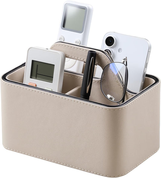 Caddy Organizer with Handle, PU Leather Remote Control Holder Desk Caddy, Portable Makeup Office Supply Organizer for Bathroom, Nightstand, Dresser (Beige)