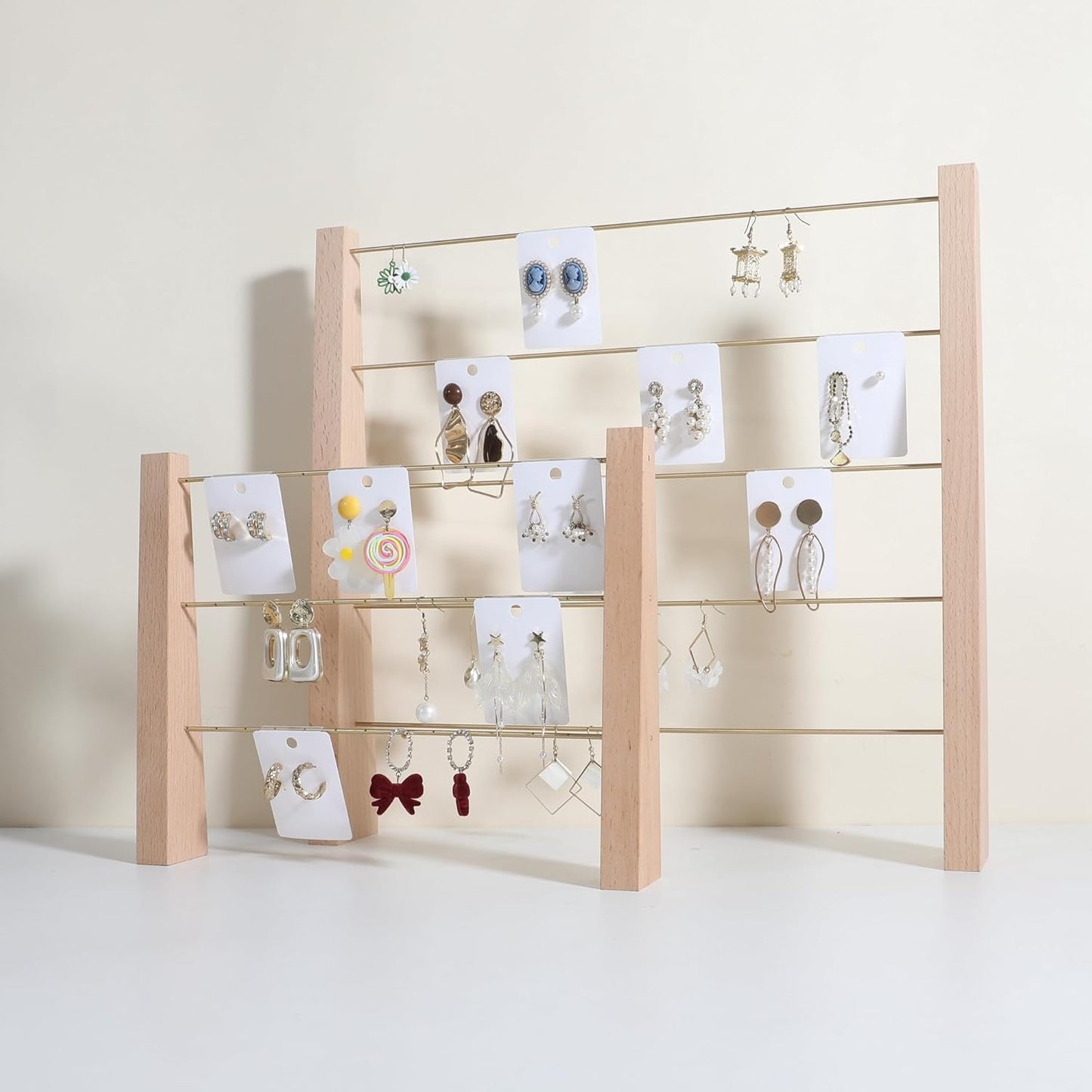 GemeShou 3 Tiers Beech Earring display stands for selling, Wooden Jewelry Shelf, Earring Storage Organizer, Brass earring holders with 42 holes for stud Dangle Hoop【Beech 3-Tier】