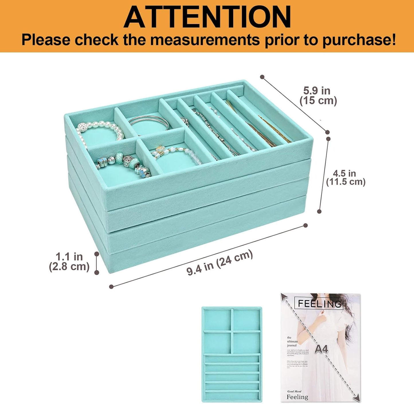 ProCase Stackable Jewelry Organizer Trays for Drawers, Jewelry Drawer Inserts Container Display Case Storage for Earring Necklace Rings Bracelet with Removable Dividers -Blue, 4 Layers