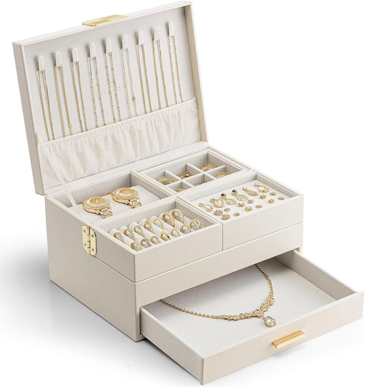 Vlando 3 Layer Jewelry Box - Women Jewelry Box with Retractable Tray - Jewelry Organizers with Drawer for Necklaces, Rings, Bracelets, Earrings, Gift for Couples Mom Girls - Could White