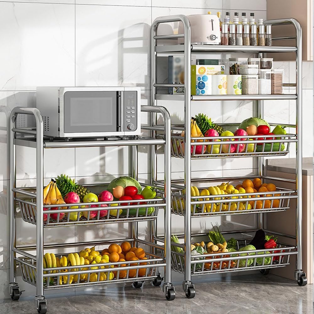 304 Stainless Steel Rolling Cart, Utility Kitchen Storage Carts with Wheels, Metal Kitchen Island, Storage Cart for Dining Room, Room, Laundry Room