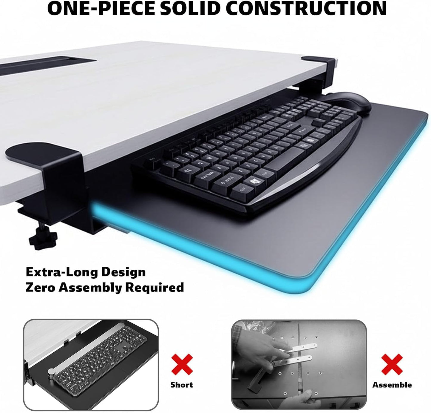 Large Keyboard Tray That Slides Out from Under The Desk, Pull Out with Adjustable C-clamp, 25.6 (31.5 Including Clamps) x 9.8 Inch Computer Keyboard Drawer Mouse Tray for Typing, Black