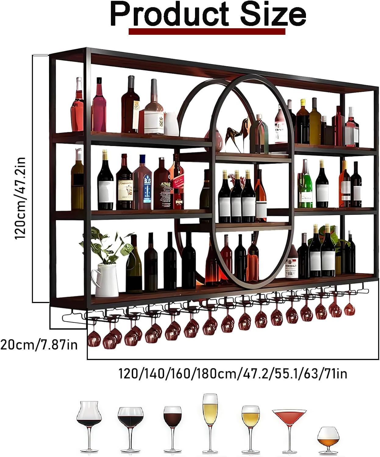 63IN Large Wall Mount Wine Rack, Metal 4 Tier Hanging Bottle Holder with Wine Glass Storage Racks, Modern Floating Wine Shelves for Home Bar Dining Room Decoration (Black)