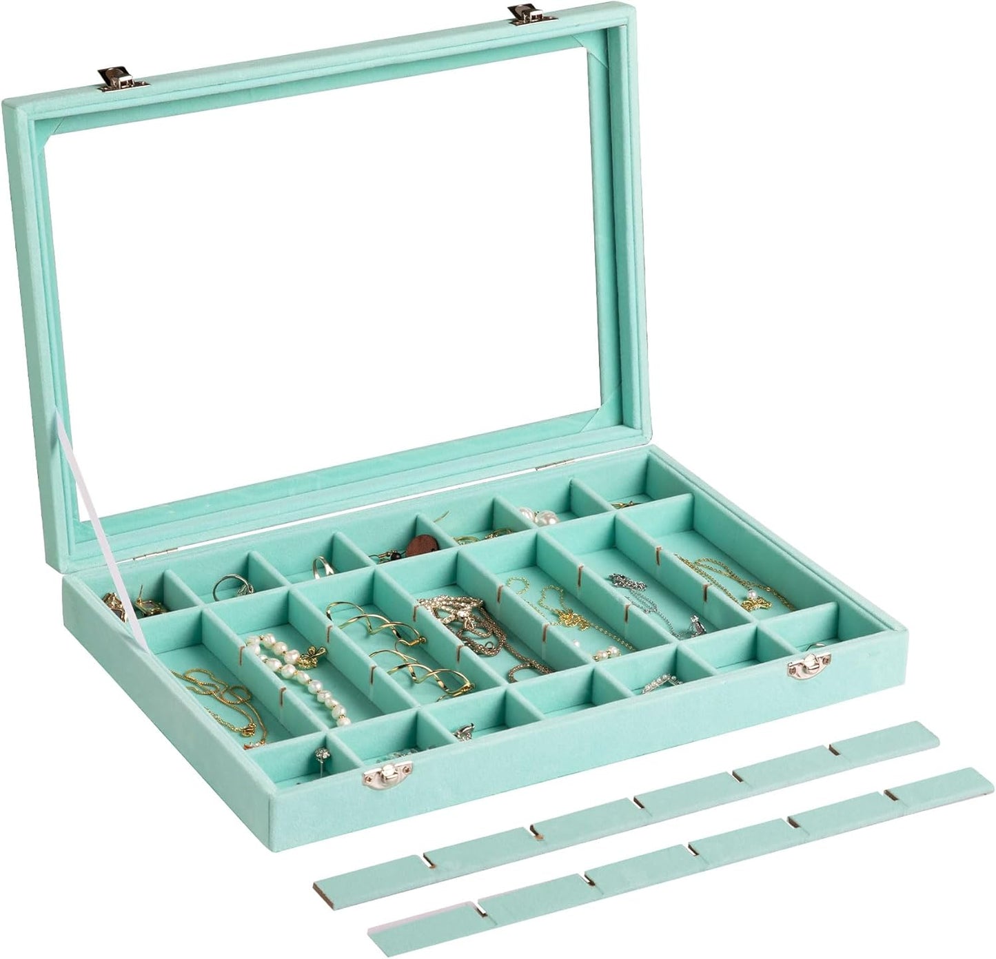 Frebeauty Velvet Jewelry Tray,35 Grid Jewelry Organizer with Clear Lid,Earring Holder Organizer Case with Clasp,Drawer Insert for Rings Studs,13.8 x 9.5 x 2 Inches,Gift for Women Girls(Turquoise)