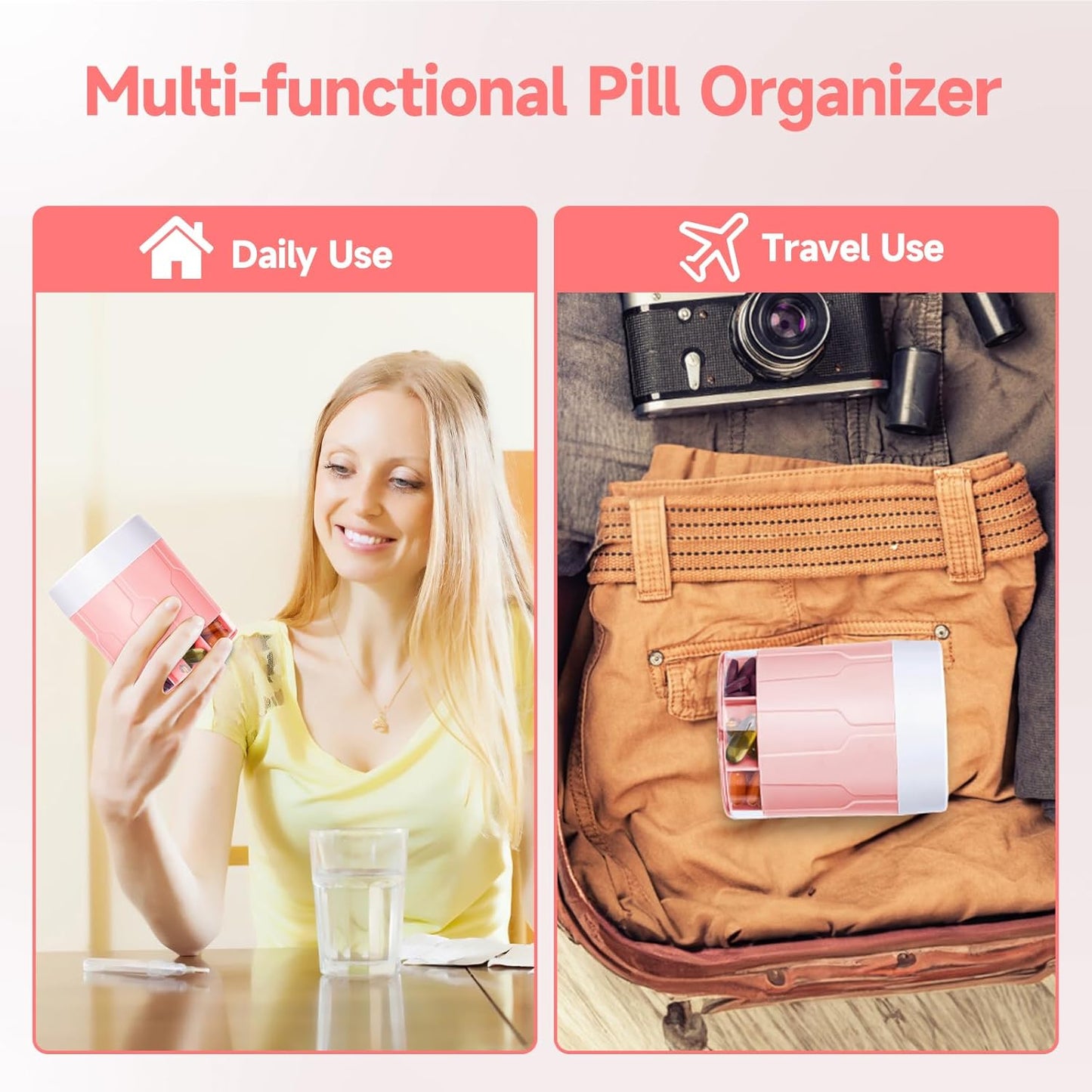 Daviky Pill Bottle Organizer, Supplement Organizer with 7 Large Compartments, Travel Pill Dispenser Round Pill Box with Two Lids（Pink+White）