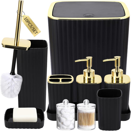 Bathroom Accessories Set - Gorgeous Black Bathroom Set, 10PC Bathroom Accessory Set, Toilet Brush, Trash Can, Qtip Holder Dispenser & Soap Dispenser