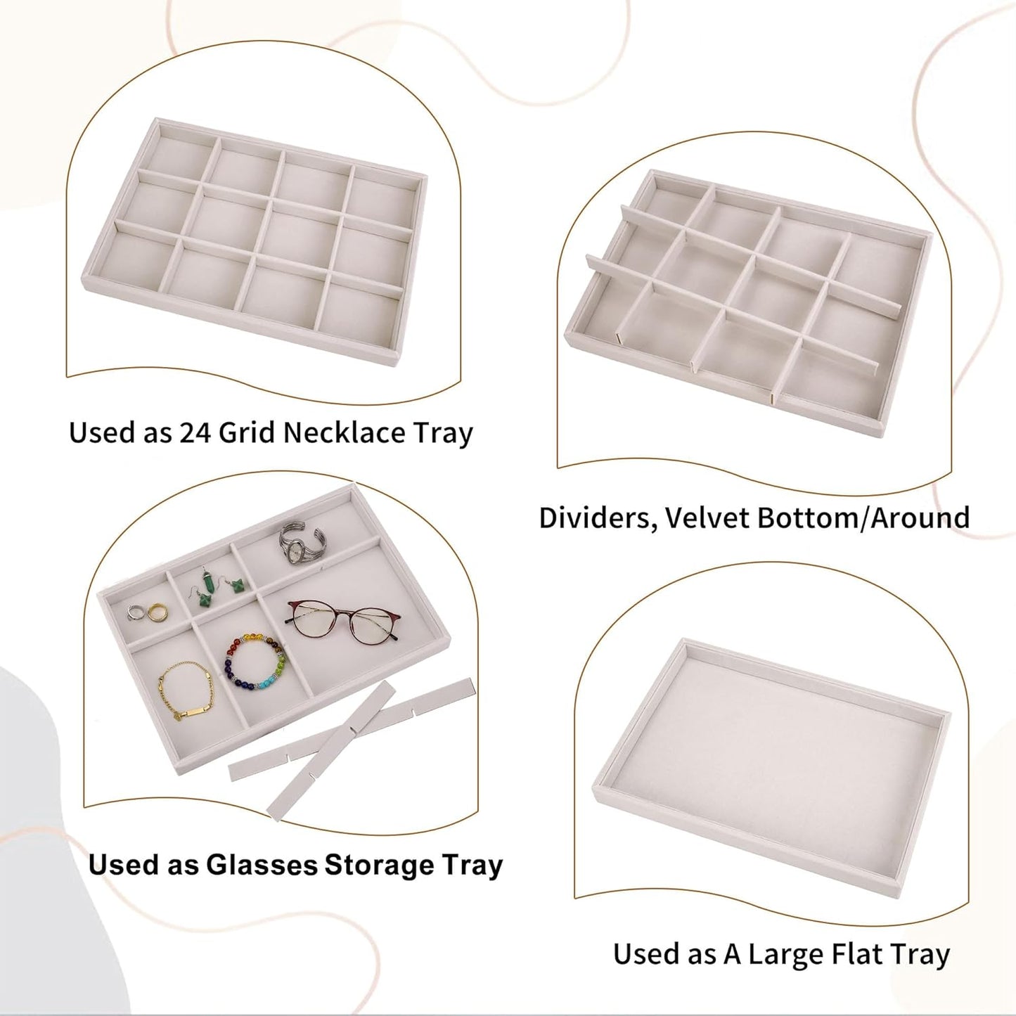 Mornajina 12 Grids Velvet Jewelry Tray Jewelry Display Tray, Stackable Empty Plate Trays for Earrings Necklaces Bracelet Rings Display Showcase - Beige