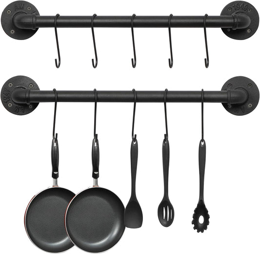 OROPY Wall Mounted Pot Pan Rack 21'' Set of 2, Industrial Utensils Wall Hanger Iron Pipe Kitchen Hanging Rail with 10 S Hooks