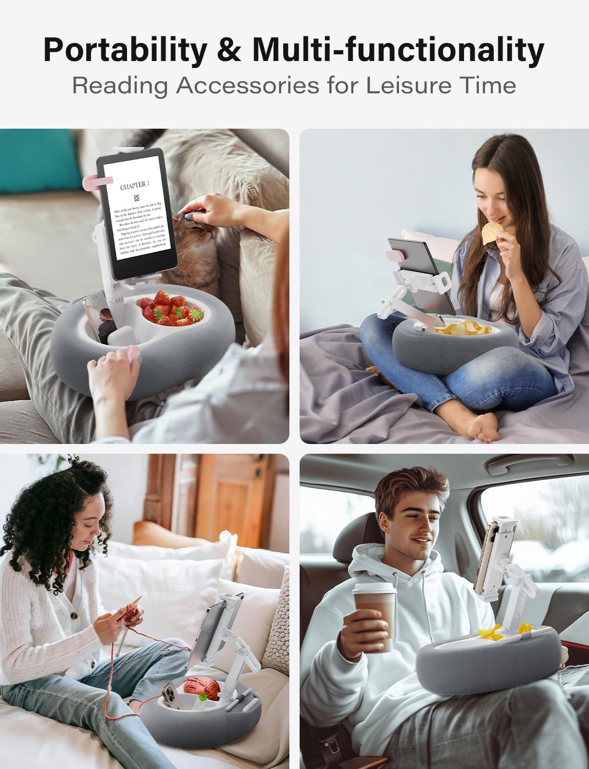 Tablet Kindle Pillow Stand Holder with 2 Trays Fit 4''-13'' Phone/Tablet/Kindle iPad Holder Stand for Bed with Soft Plus Fabric Reading Accessories Gift for Reading, Gray
