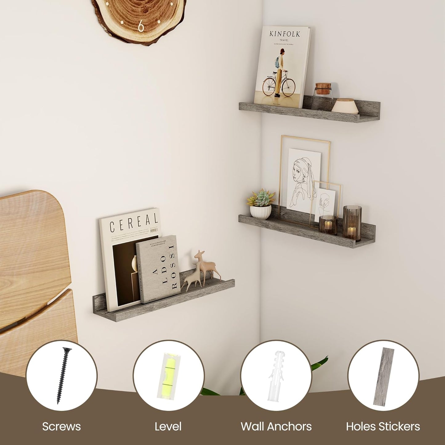 Axeman Floating Shelves for Wall | Picture Ledge Shelf Set of 2 | Rustic Grey Picture Shelf for Wall with Ledge | Small Floating Shelves with Lip | Photo Ledge Shelves for Books Album Records