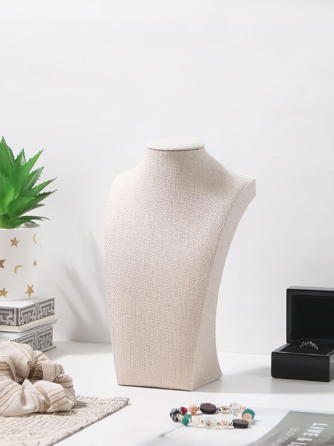 Necklace Bust Stand for Selling, Linen Necklace Display Holder, Jewelry Necklace Organizer Rack for Home Use or Store Show (9" Height)