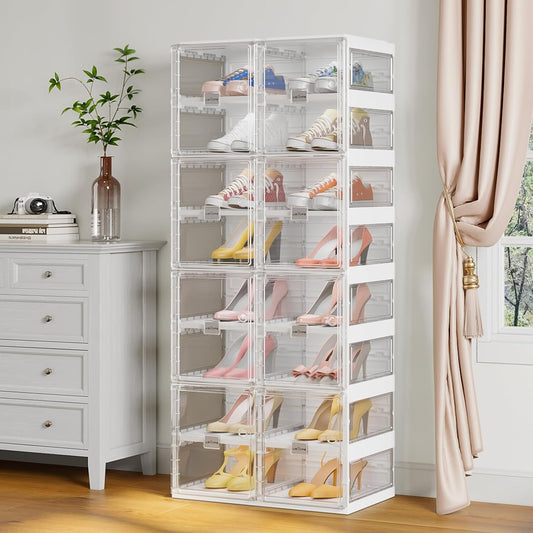 BROVIEW Foldable Shoe Rack, Large Stackable Sneaker Organizer Storage Box with Magnetic Clear Door, Plastic Folding Shoes Cabinet Bins, Shoe Shelf Space Saving for Closet, Entryway 8 Tier 16 Grids