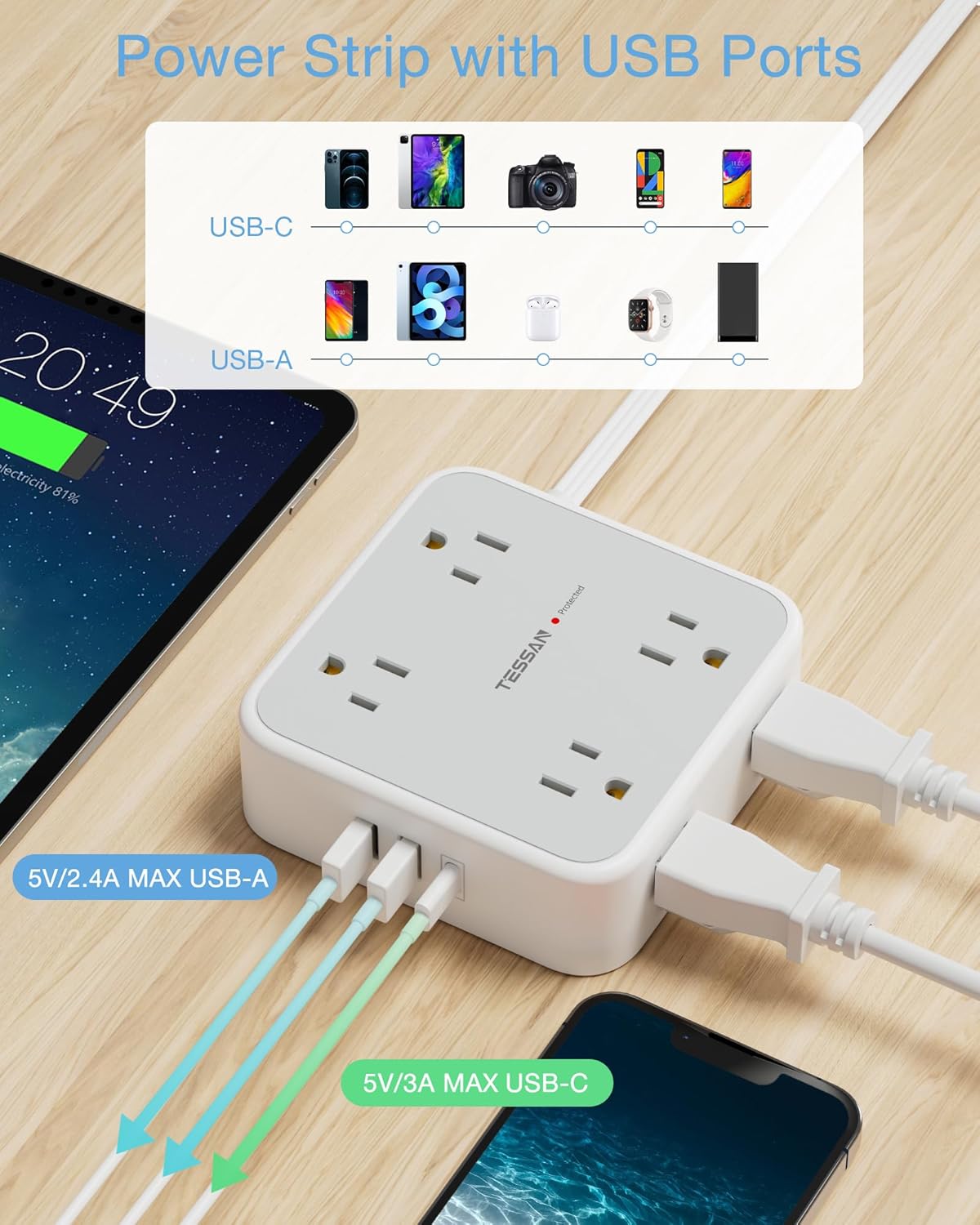 TESSAN Power Strip Surge Protector 10 Ft Cord, 8 AC Outlets, 3 USB Charger(1 USB C Port), Ultra Thin Extension Cord, Flat Plug, 900 Joules Protection, Desk Charging Station for Home, Office