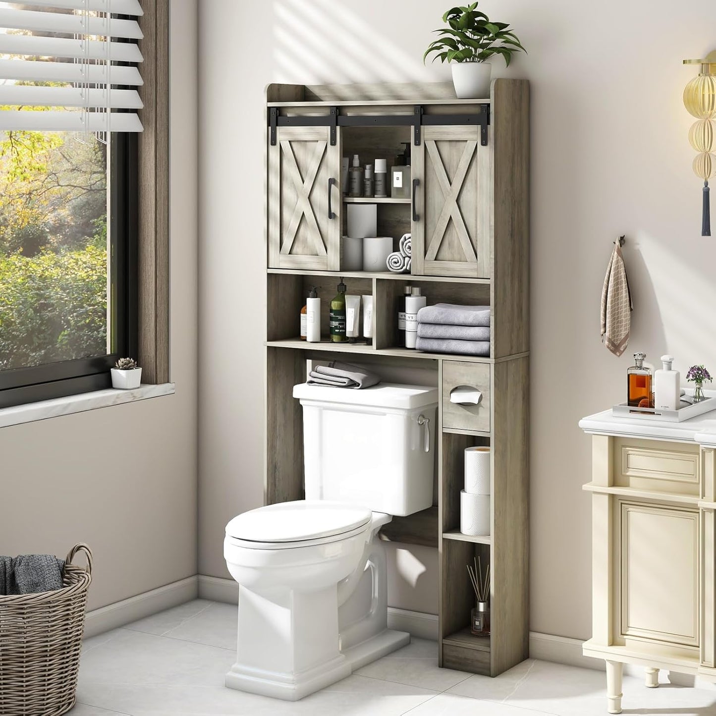 Vabches Over The Toilet Storage Cabinet, Farmhouse Storage Cabinet Over Toilet with Sliding Door& Toilet Paper Holder Stand，Home Space-Saving Toilet Rack, for Bathroom, Restroom, Laundry