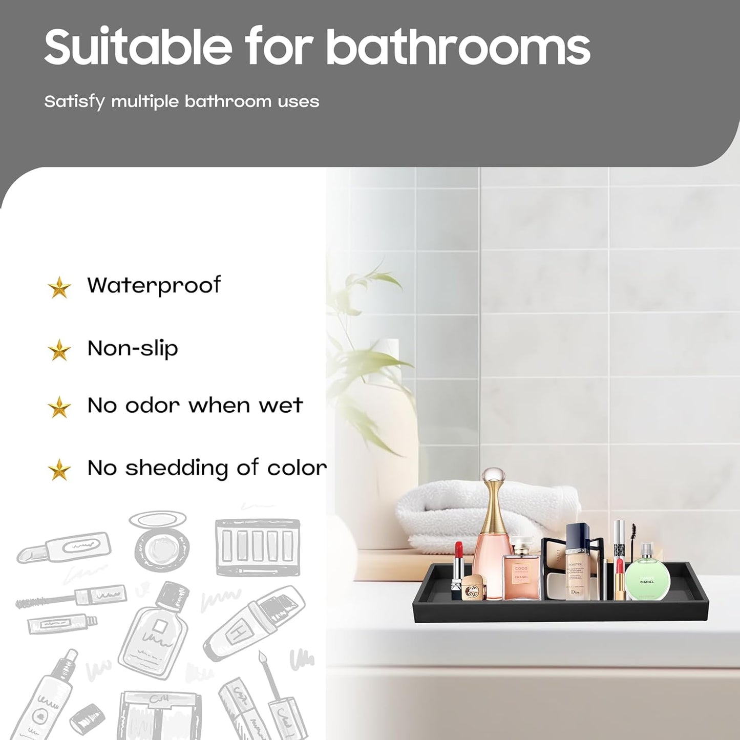 Vanity and Bathroom Tray, 15" ABS Countertop Organizer,Waterproof Vanity Tray for Toilet Tank,Perfume,Soap,Keys,Bathroom Accessories,Kitchen and Bath Trays,Non Slip Small Trays,Black,2 Pack