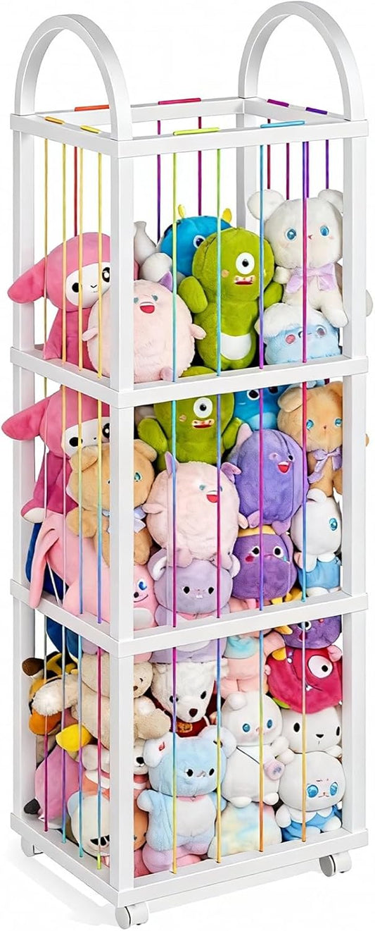 HOOBRO Stuffed Animal Storage, Kids Toy Zoo Storage Organizer with Wheels and Elastic Band, Large Stuffed Animals Holder for Nursery, Playroom, Living Room, White WT128CW01