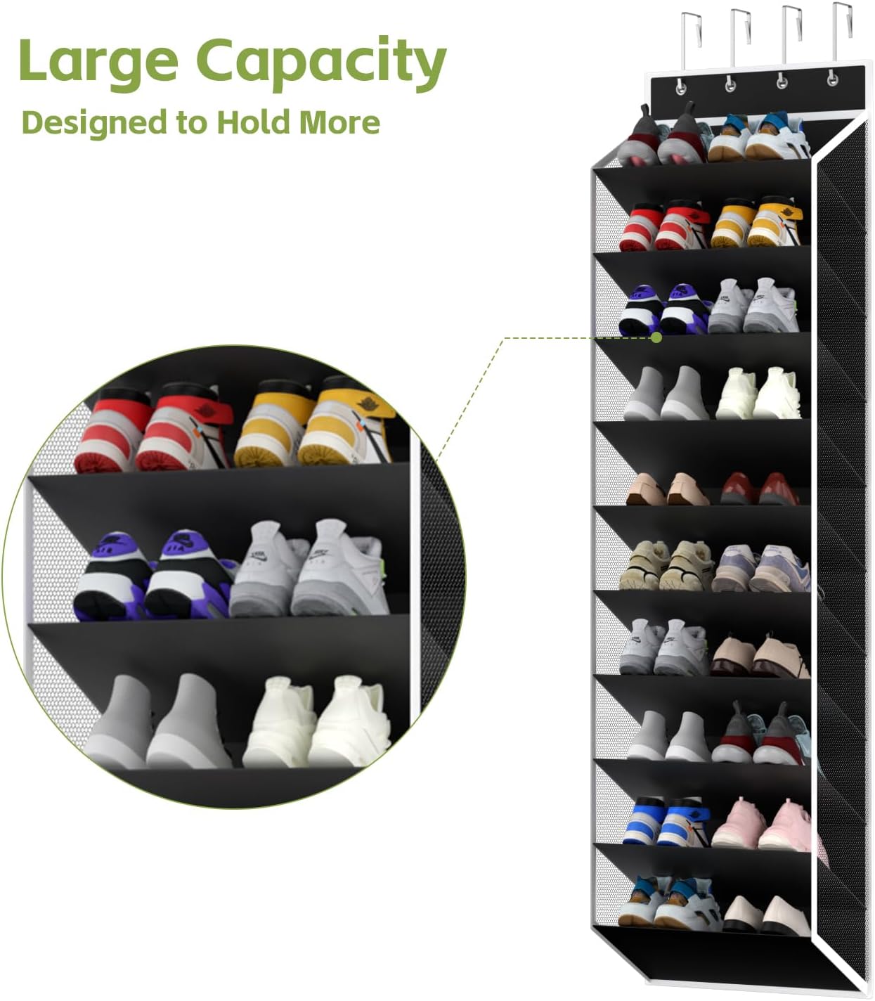 KEEPJOY 10 Tiers Mesh Over Door Shoe Organizer Storage, Hanging Shoe Holder for Door with Large Deep Pockets, Fit 20-30 Pairs Shoe Rack for Sneakers, Boots.(Black)