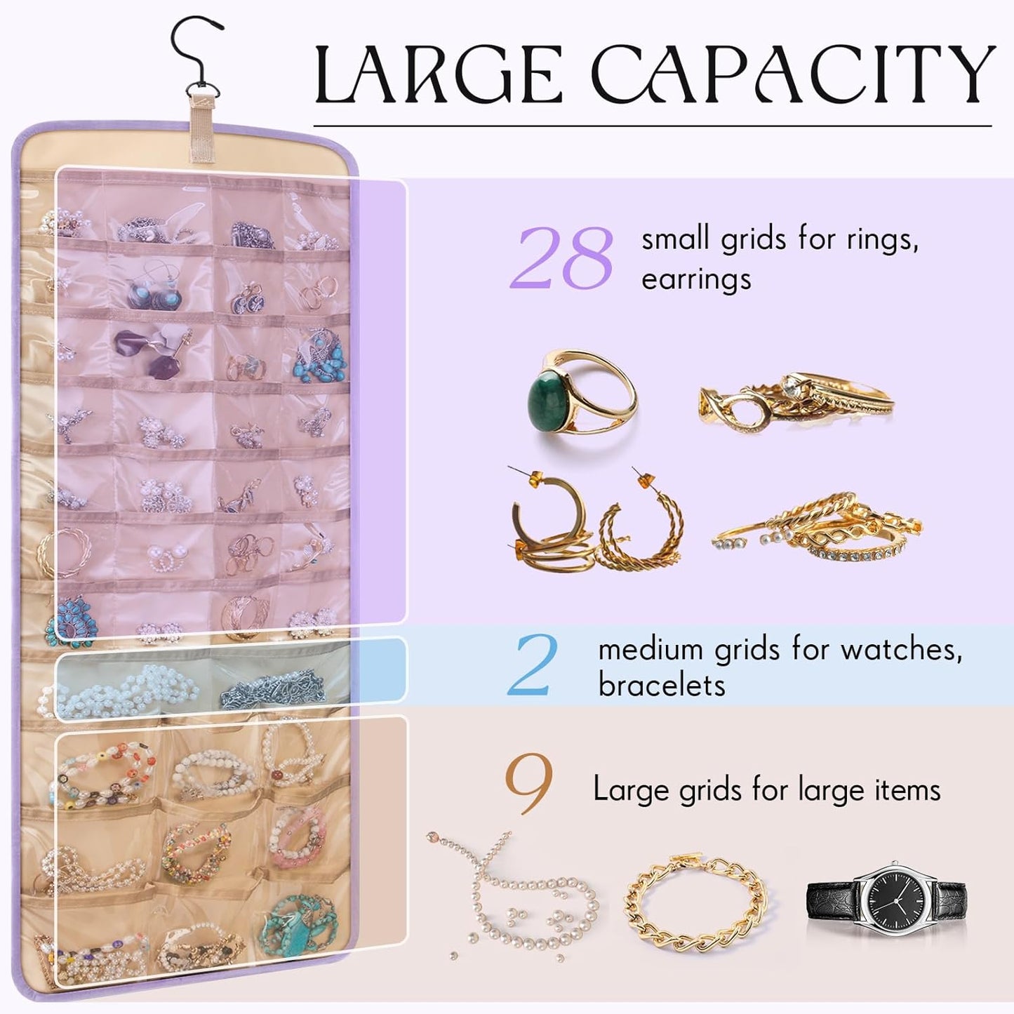 2 Pack Hanging Jewelry Organizer Storage with 39 Pockets, 30 Necklace Hooks Double Sided Wall Mount Earring Holder Organizer Bracelet Necklace Jewelry Display Hanger for Closet Door (Purple)