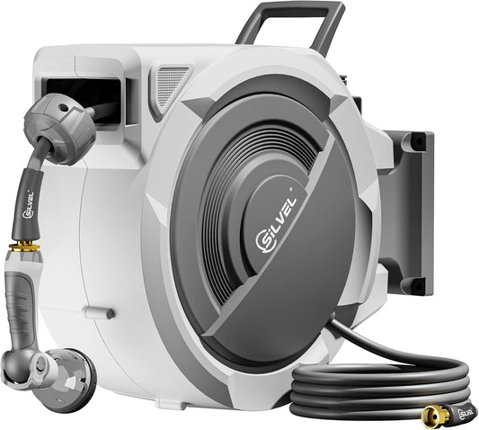 SILVEL Retractable Garden Hose Reel – 5/8 in x 75FT Heavy Duty Automatic Hose Reel Wall Mounted, Upgraded UV Resistant with 10 Pattern Nozzle, Any Length Lock & Slow Return System, 180°Swivel Bracket