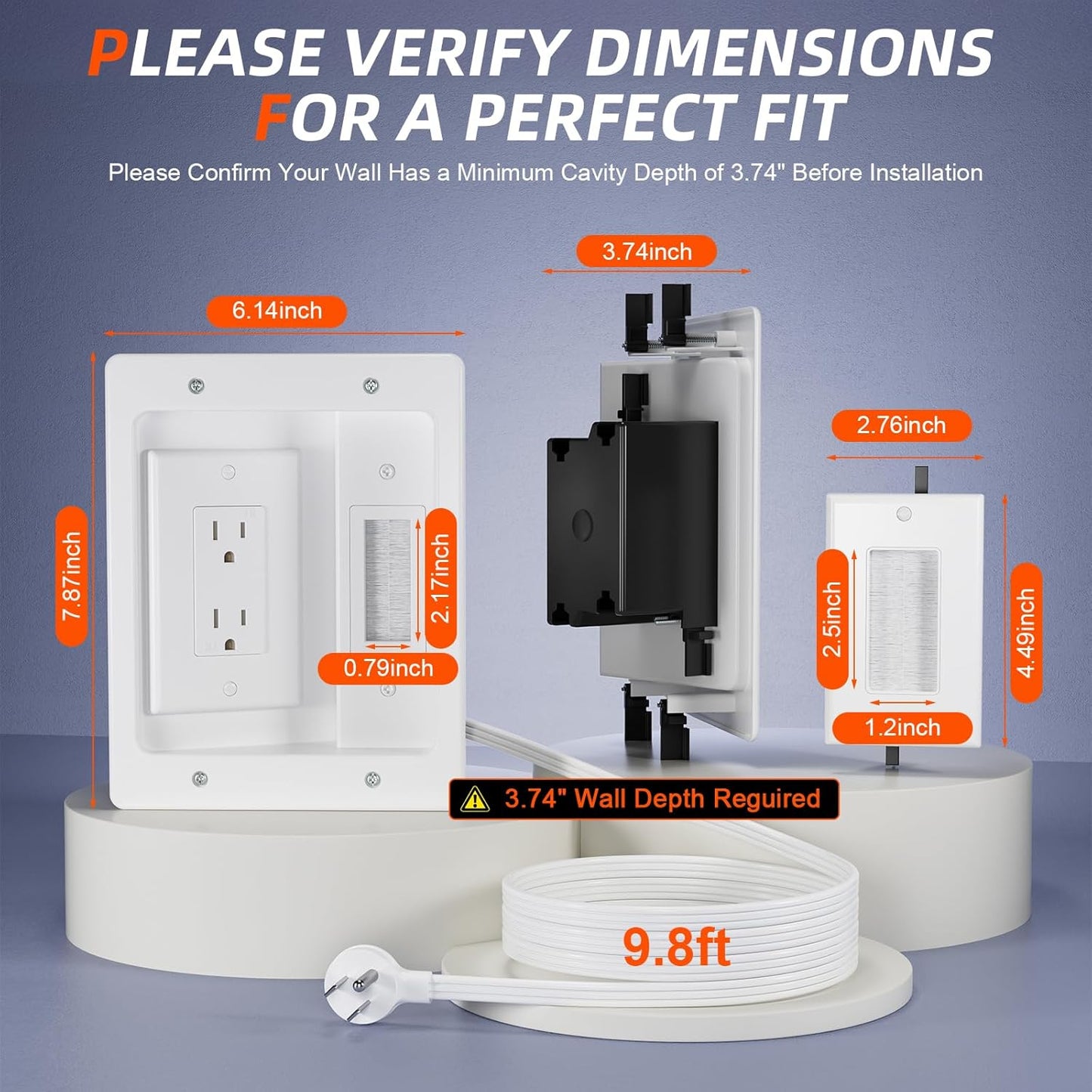 in Wall Cable Management Kit,TV Cable Hider Wall Kit with Brush Wall Plate and 9.8FT Cord,2 AC Outlets,Recessed Outlet Box for Wall Mount TV Home Theater Setups Cords Organizer