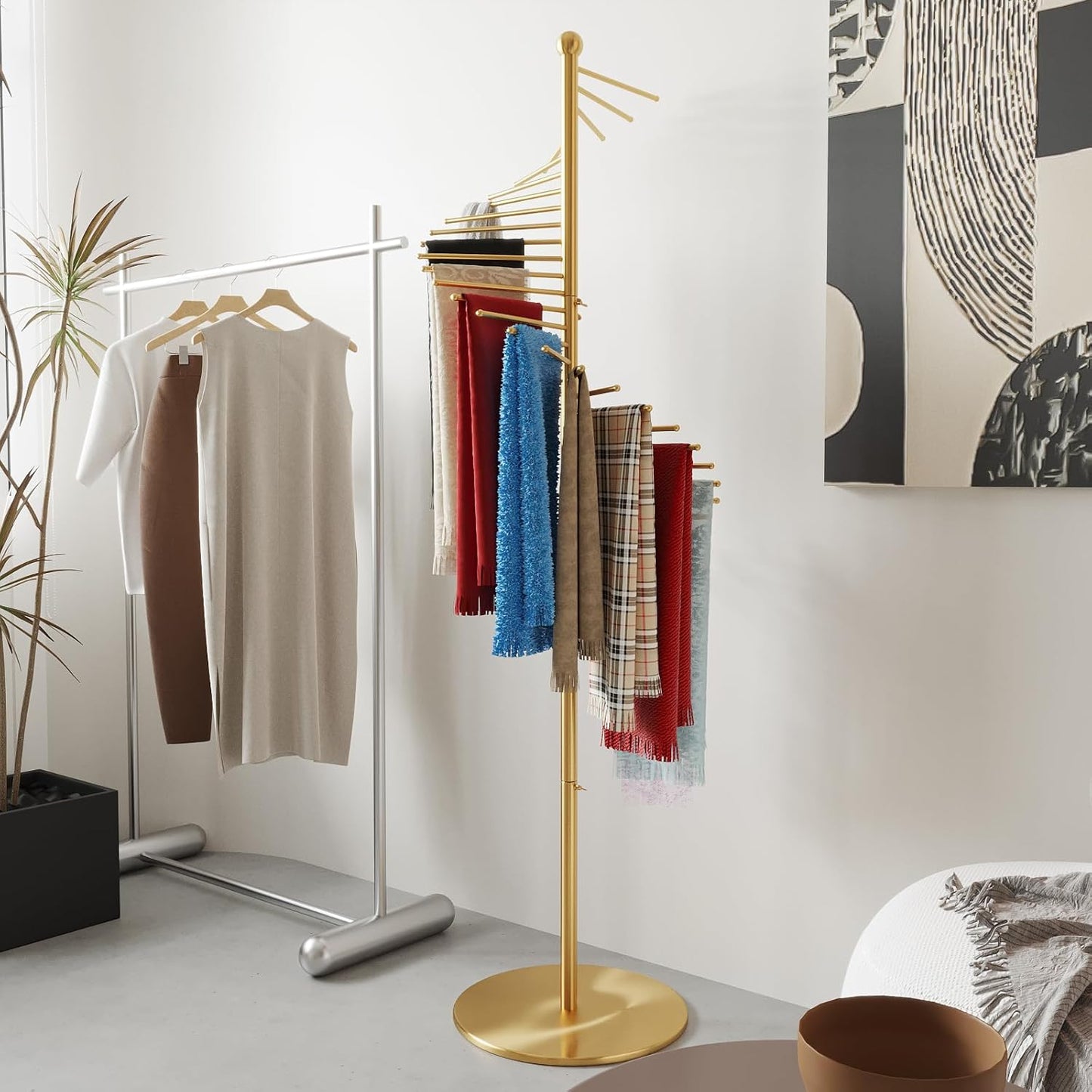 Spiral Scarf Rack, Metal Freestanding Scarf Organizer with 30 Rods, Commercial Hijab Organizer Stand for Home Clothing Store, Space Saving Shelves (Gold)