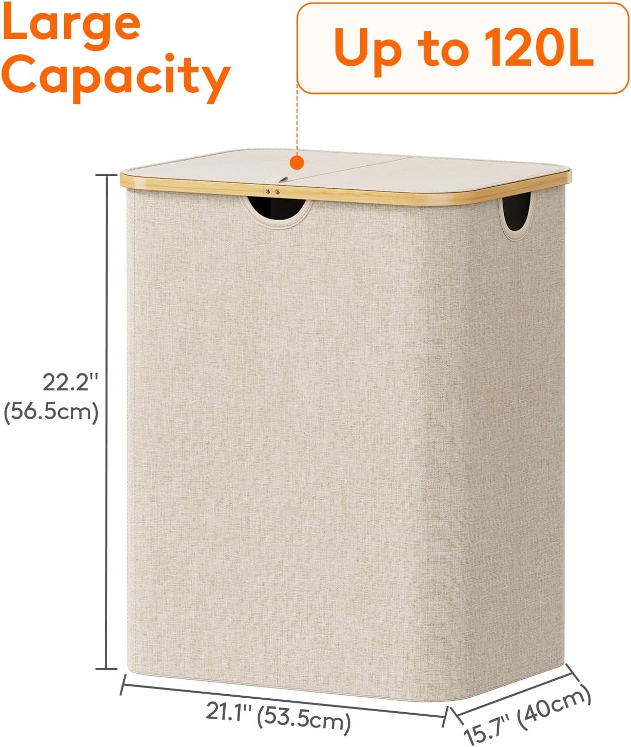 Lifewit 120L Large Laundry Hamper with Lid, Foldable 2 Section Laundry Basket with Bamboo Handles and Removable Bags for Laundry Room, Bathroom, Bedroom, Beige