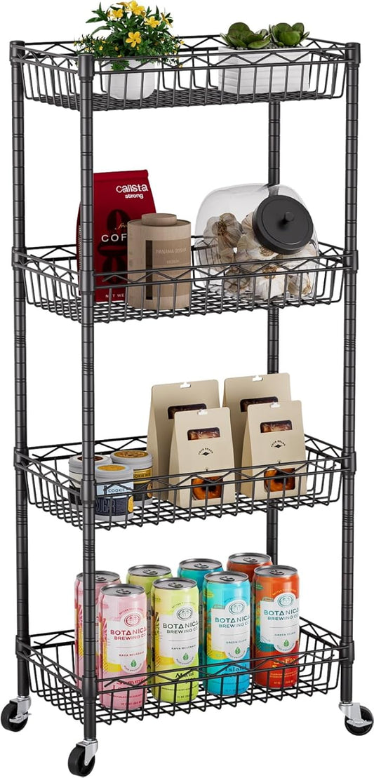 4 Tier Shelf Wire Shelving Unit Adjustable Storage Shelves Big Basket Rack Standing Units for Kitchen Closet Laundry Bathroom Organizers Metal Pantry Mesh 10" D x 16" W x 55" H Black