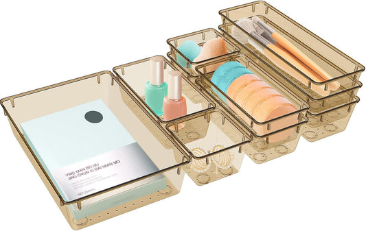 10 PCS Drawer Organizer Set, 5 Varied Size Bathroom and kitchen Drawer cabinet organizer Trays, Clear Storage Bins for Makeup, Jewelry, Utensils and Gadgets, Champagne