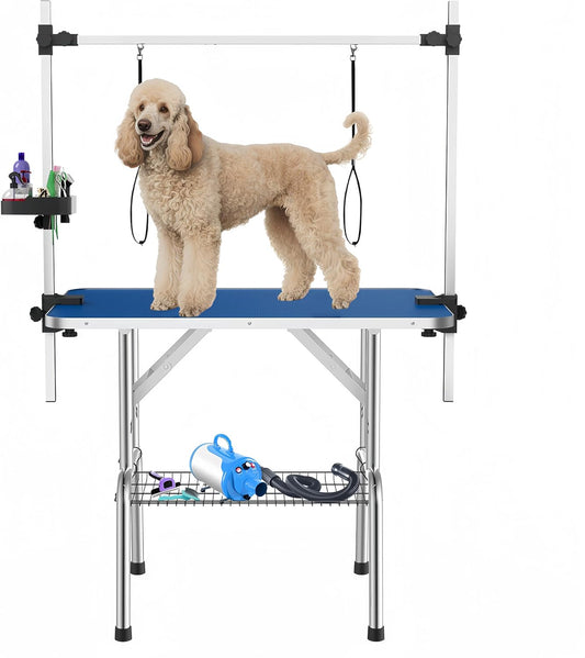 46" Large Dog Grooming Table, Non-Slip Tabletop with Adjustable Armrests, Lasso, Tool Organizer, Grid Tray, Foldable Home Pet Station, Maximum Weight Capacity 330 lbs,Blue