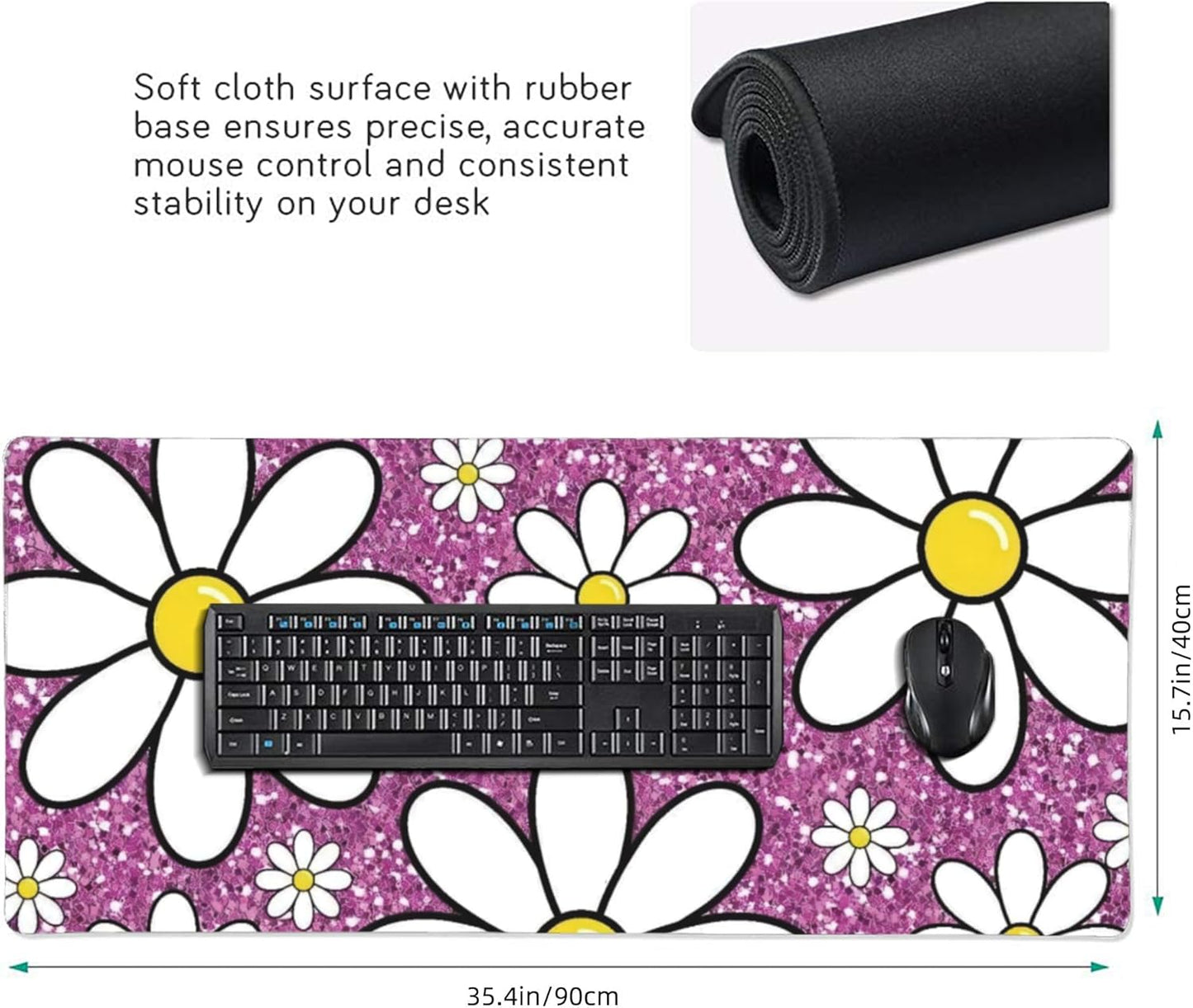 Purple Sparkling Daisy Large Mouse Pad, Flowers Gaming Desk Mat, XXL Keyboard Desk Pad Mat for Desktop, 35.4"x15.7" Non-Slip Base Big Mousepad with Stitched Edges