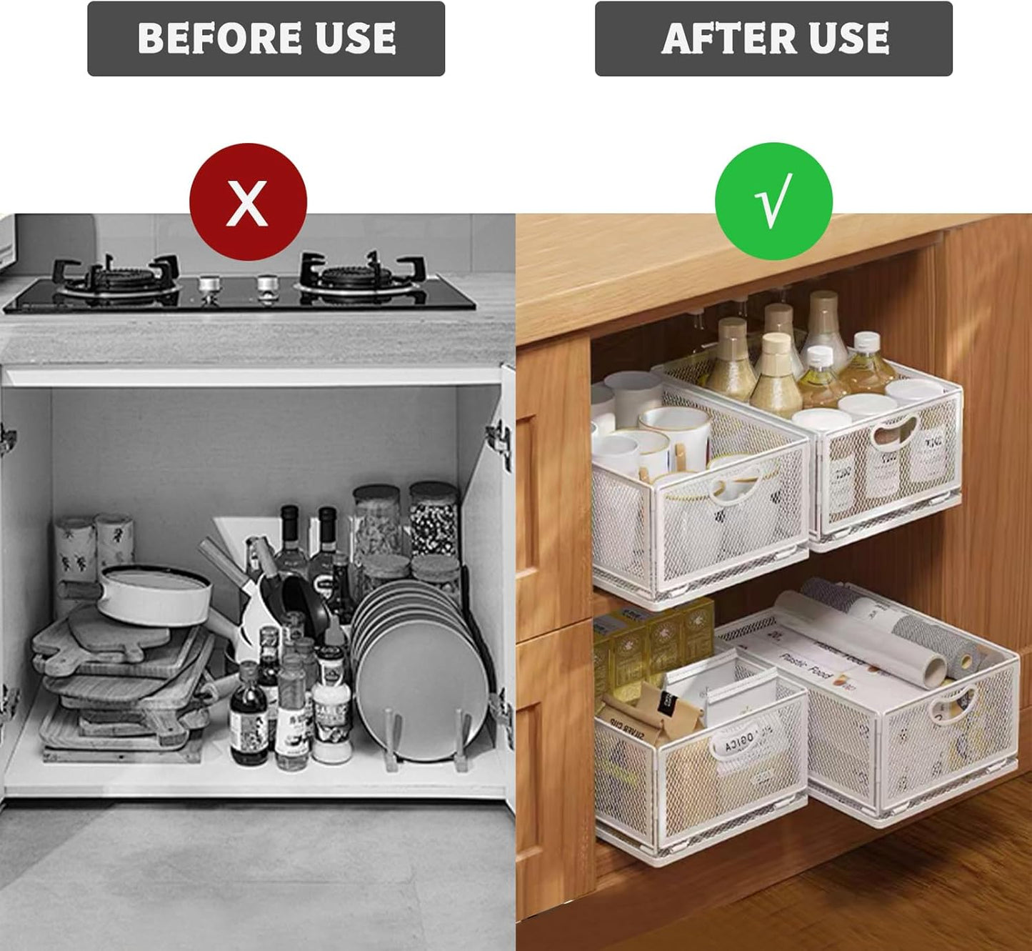 Sliding Cabinet Basket Organizer Drawer Self Adhesive Slide out Pantry Shelves Heavy Duty Carbon Steel Slide Cabinet Storage Basket with Handle for Bathroom Kitchen Home