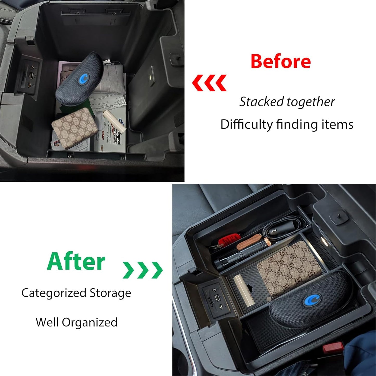 Center Console Armrest Box Organizer Tray for 2019-2022 Chevy Silverado/GMC Sierra 1500 and 2020-2023 Silverado/Sierra 2500/3500 HD Accessories (Full Console w/Bucket Seats ONLY) Black Trim