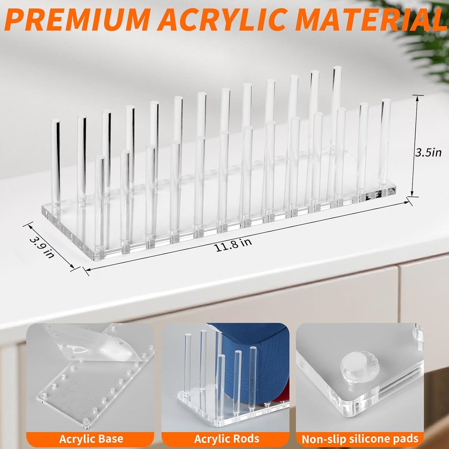 Kadolina Hat Organizer for Baseball Caps, Acrylic Hat Rack for 12 Baseball Caps, Hat Holder Display and Organizer for Closet, Tabletop, Dressing Table (Transparent)