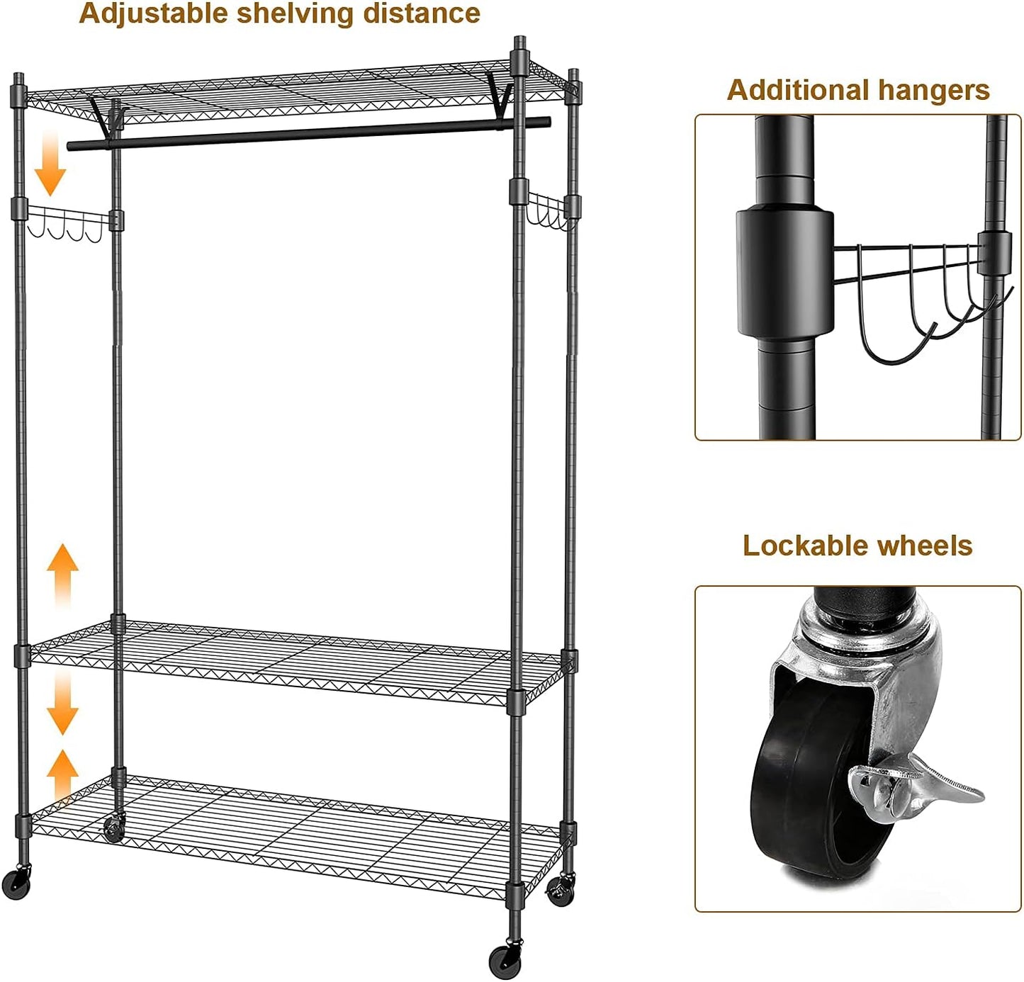 BATHWA Rolling Garment Rack with Adjustable Wire Shelf, 3 Tired Clothes Rack including 1 Clothes Hanging Bar, 1 Roating Hanger Hooks - Hold Up to 400Lbs (Black, 1Rod 1Hook)