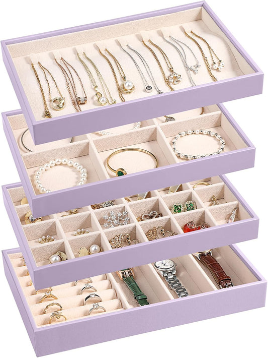 LANDICI Stackable Jewelry Organizer Trays 4 Set,PU Leather Jewelry Organizer Drawer,Jewelry Storage Display Tray for Earring Necklace Rings Bracelet with Removable Dividers,Lavender