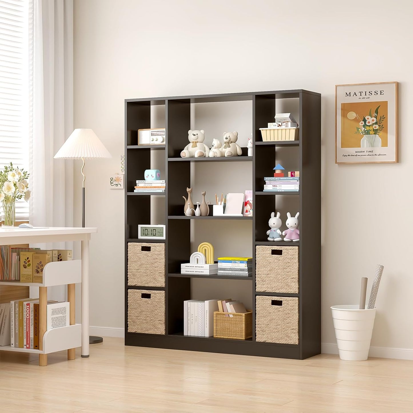 Cube Storage Bookcase with Base - Large Wooden Bookshelf with 10 Open Cubes and 4 Shelves for Home and Office, Freestanding Organizer, Black