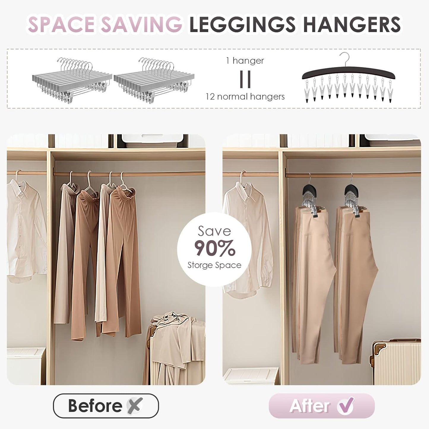 Leggings Hangers, Wooden Closet Hanging Leggings Storage Organizer Scarf Hangers with 24 Clips, 360° Swivel Hook, Black, 2 Pcs