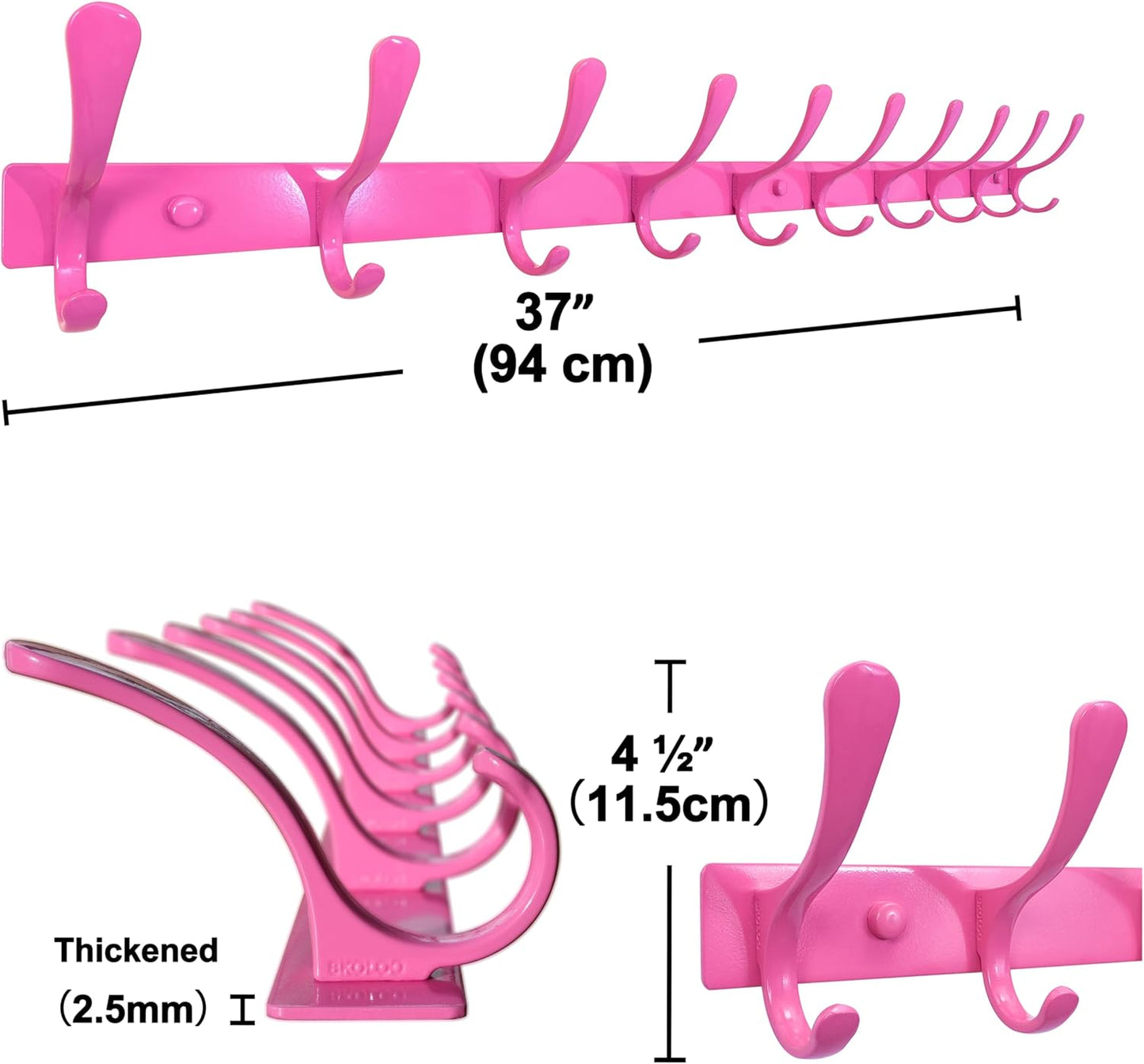 SKOLOO Coat Rack Wall Mounted - 10 Hooks, Heavy Duty, Stainless Steel, Metal Wall Hanger, Sturdy Coat Hooks for Hanging Coats, Jackets, Clothes, Hats - Pink